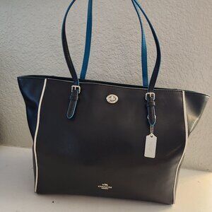 Like New Coach Turnlock Black & Teal Shoulder Bag Tote Purse